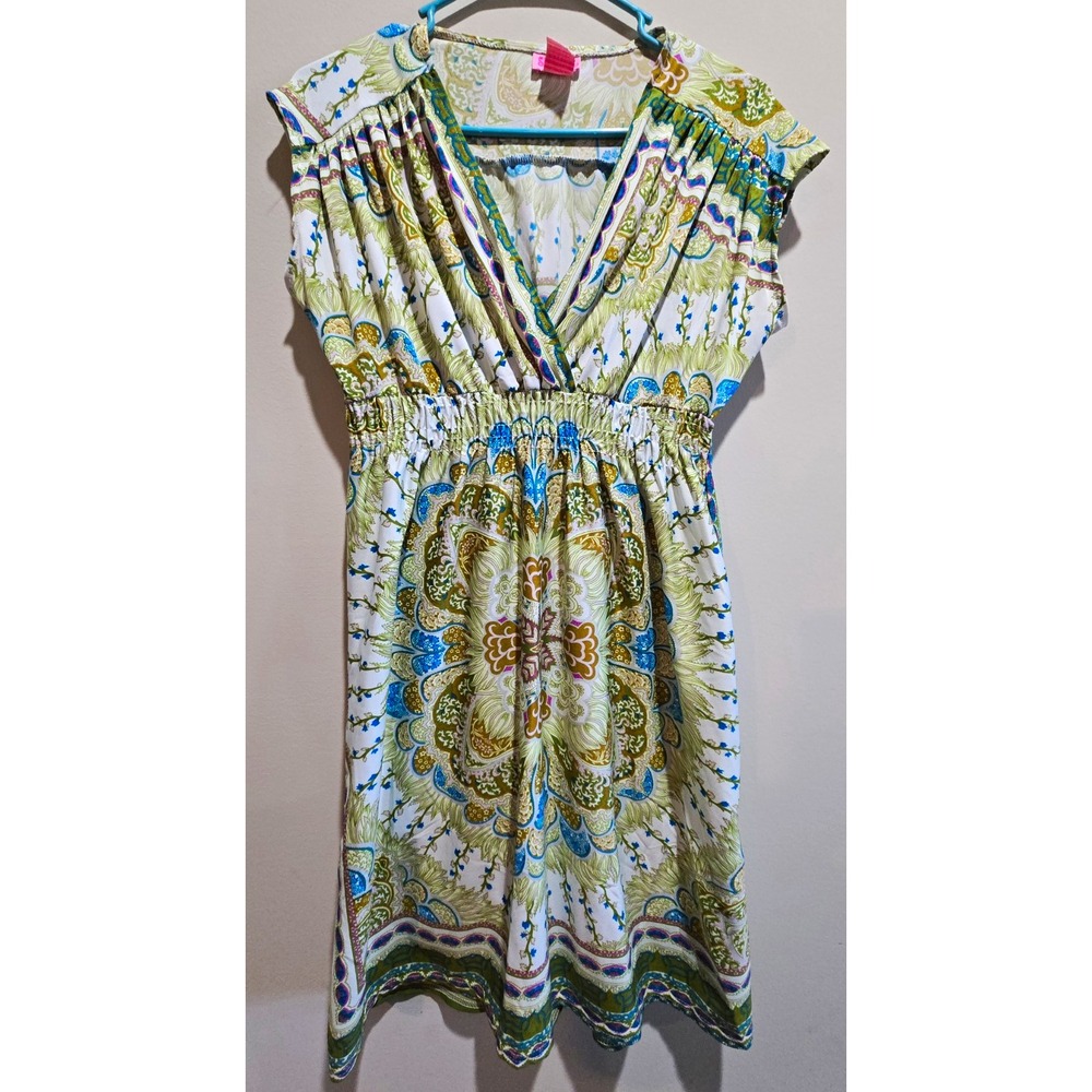 She's Cool Paisley V-Neck A-Line Dress M Cap Sleeve Knee Stretch Elastic Waist